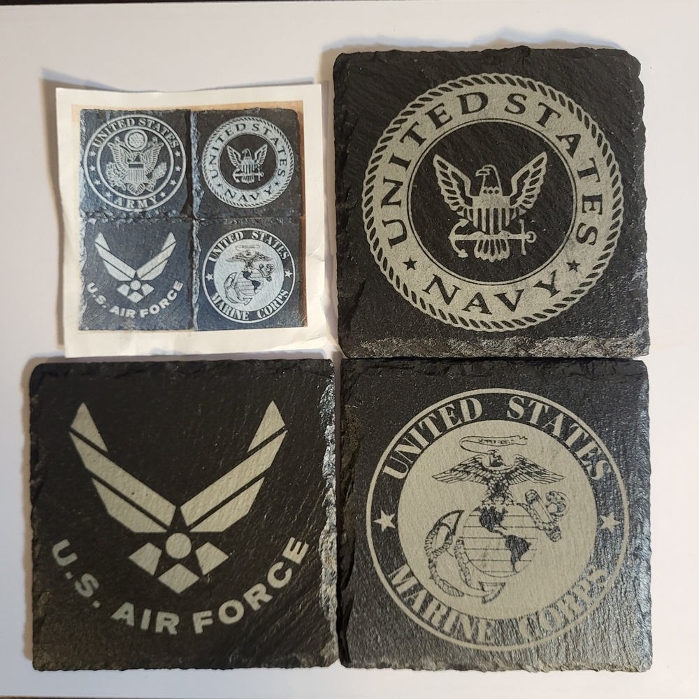 US Military Slate Coasters Set Navy Marine Corps Air Force Etched Black Stone